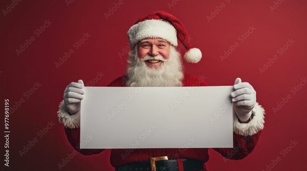 Santa holding banner with blank space on red background Santa holding banner with blank space on red background