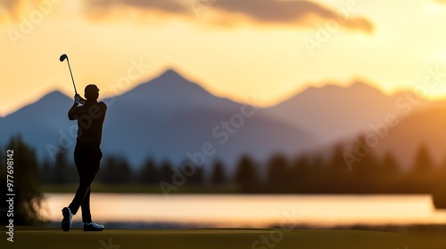 Silhouette of a golfer taking a swing near a serene lake, mountains rising in the backdrop under a glowing sky, nature and sport, golf silhouette photo