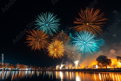 Bokeh background featuring fireworks over a dark lake, the lights reflecting softly in the water photo