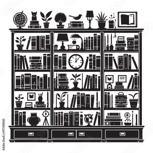 Bookshelf  silhouette  vector art illustraion black color white background 