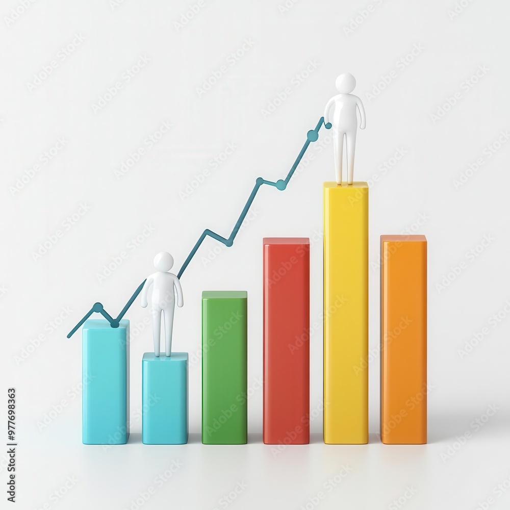 A colorful bar graph showing growth, with figures representing success. Ideal for business, finance, or motivational themes. A colorful bar graph showing growth, with figures representing success. Ideal for business, finance, or motivational themes.