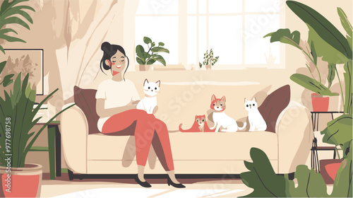 Female cartoon owner sitting on couch with cats and dog at home. Adorable scene in cozy living room with happy woman relaxing on sofa with domestic animals flat vector illustration. Pets, love concept