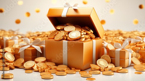 3D Open gift box with floating gold coin and serpentine ribbon. Cash surprise box. Money prize reward. Loyalty program concept. Cartoon creative design icon isolated on white background. 3D Rendering