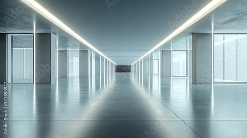 A modern hallway with sleek floors and illuminated walls, exuding a minimalist design and spacious ambiance.