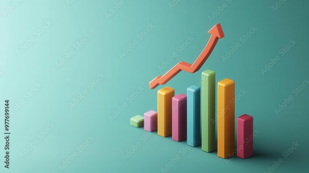 Colorful bar graph with an upward arrow, representing growth and success in business or finance. Colorful bar graph with an upward arrow, representing growth and success in business or finance.