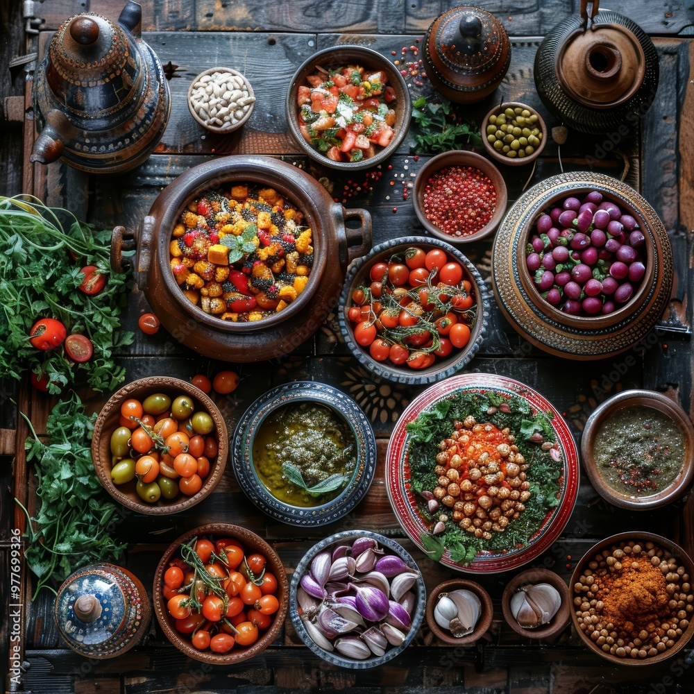 High Angle View of Traditional Tajine Dishes and Fresh Ingredients Arranged on Rustic Wooden Table Made from Old Door - Still Life with Copy Space High Angle View of Traditional Tajine Dishes and Fresh Ingredients Arranged on Rustic Wooden Table Made from Old Door - Still Life with Copy Space