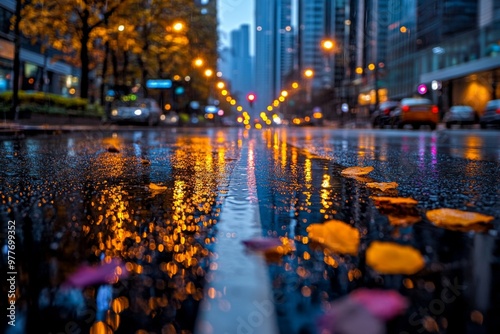 Bokeh background of blurred streetlights reflecting on a wet road, creating a colorful, vibrant scene