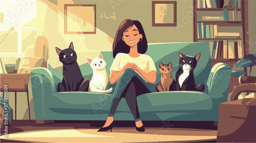 Female cartoon owner sitting on couch with cats and dog at home. Adorable scene in cozy living room with happy woman relaxing on sofa with domestic animals flat vector illustration. Pets, love concept