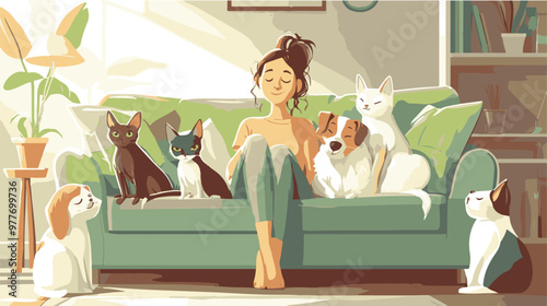 Female cartoon owner sitting on couch with cats and dog at home. Adorable scene in cozy living room with happy woman relaxing on sofa with domestic animals flat vector illustration. Pets, love concept