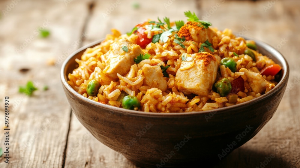 A high-resolution image of a bowl of curry fried rice with visible chunks of chicken, vegetables, and a dusting of curry powder, set against a rustic wooden table. A high-resolution image of a bowl of curry fried rice with visible chunks of chicken, vegetables, and a dusting of curry powder, set against a rustic wooden table.