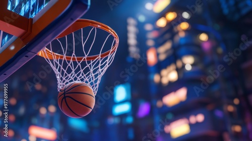 A high-resolution image of a basketball soaring through the hoop, with the net swishing and a vibrant court backdrop, capturing the excitement of the game.
