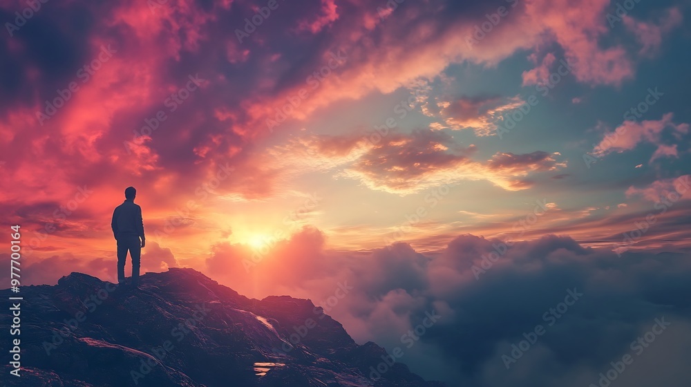 Fototapeta premium Silhouette of a Man on a Mountaintop at Sunset with Dramatic Pink and Blue Clouds