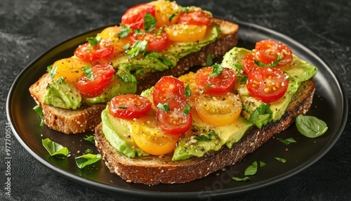 Creamy avocado toast with cherry tomatoes, served on whole-grain bread for a low-fat food idea. The dish is presented in close-up, highlighting its fresh and natural ingredients. The background featur