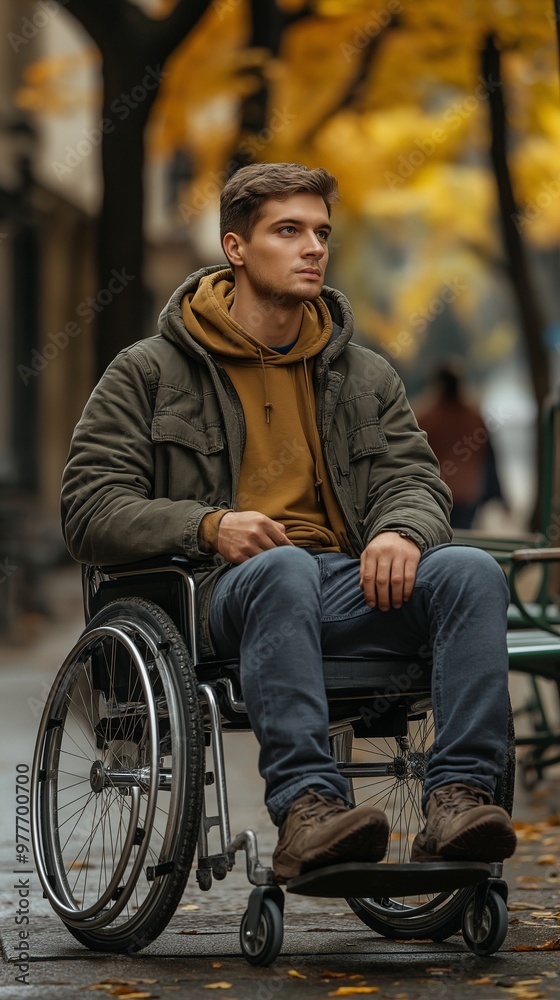 A wheelchair is parked close to a bench where a young man in a wheelchair is sitting. A wheelchair is parked close to a bench where a young man in a wheelchair is sitting.