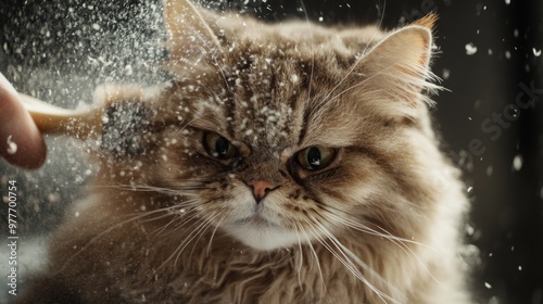 A high-resolution image of a cat being brushed, with fur flying and a focus on the grooming process, showing the care and maintenance of a pet coat.