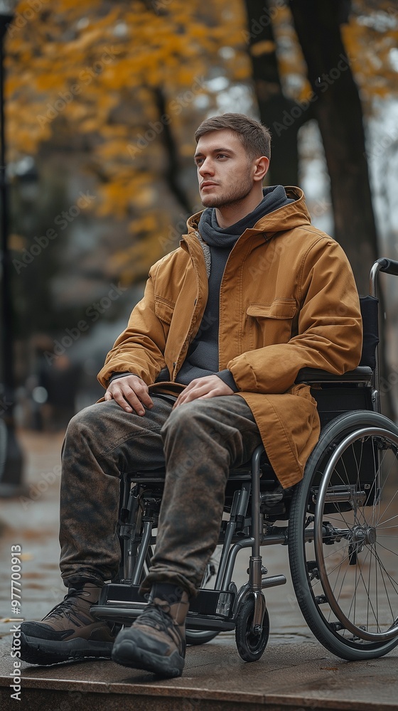 A wheelchair is parked close to a bench where a young man in a wheelchair is sitting. A wheelchair is parked close to a bench where a young man in a wheelchair is sitting.