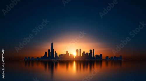 Luminous silhouette of a city skyline at twilight, portraying the change from day to night, urban and lively 