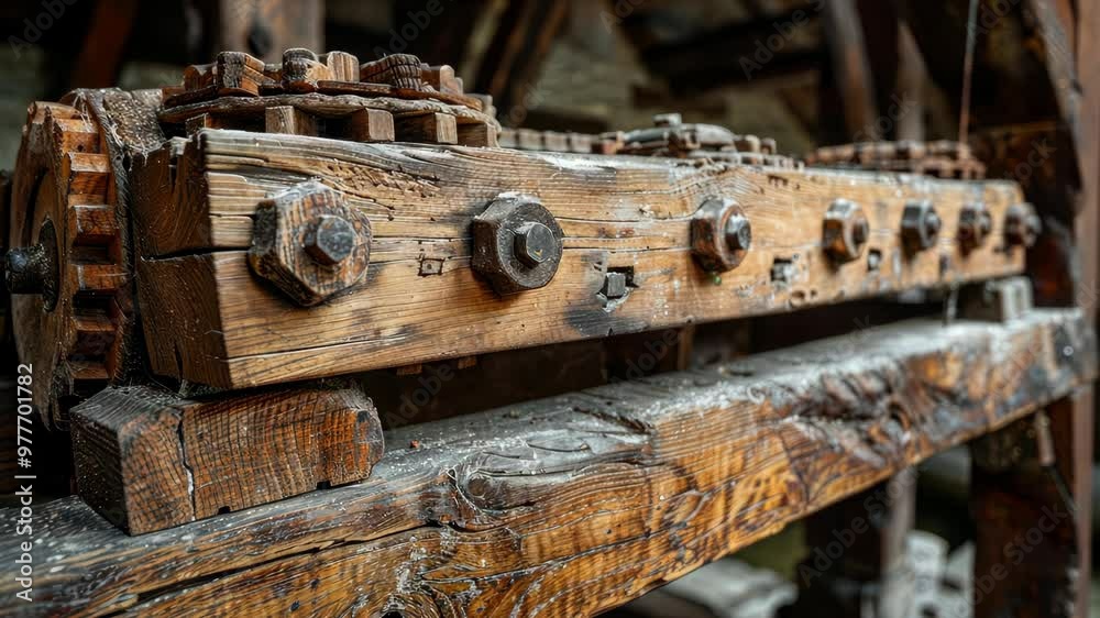 Exploring an antiquated wooden machine with rusted bolts in a weathered workshop Exploring an antiquated wooden machine with rusted bolts in a weathered workshop