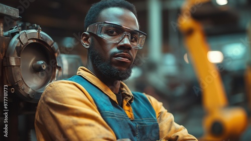 African American laborer operating a robot auto welding equipment in the old United States industry