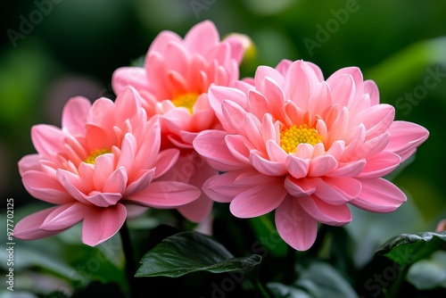 Calming coral flowers in a garden, their soft pink petals glowing in the sunlight