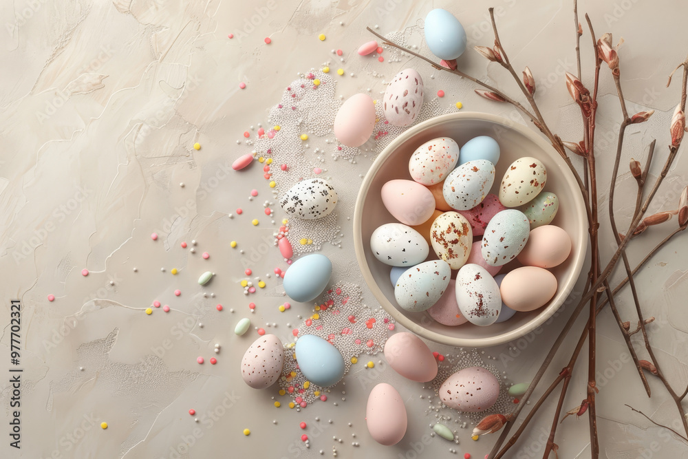 A bowl of Easter eggs with sprinkles and a branch