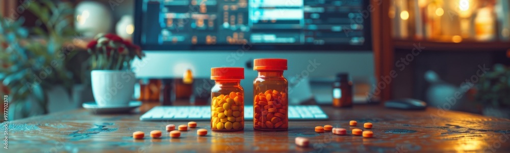 Bottles of pills on a table with a computer in the background, online medicine Bottles of pills on a table with a computer in the background, online medicine