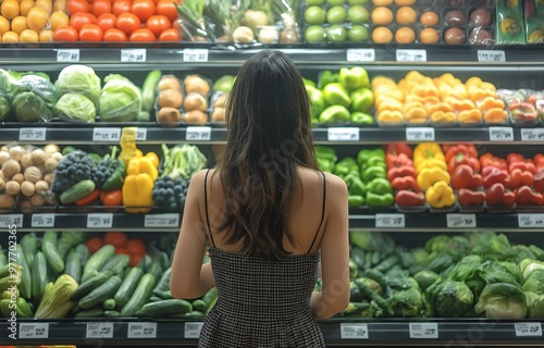 American woman with a background in fruits and vegetables who works at a grocery store