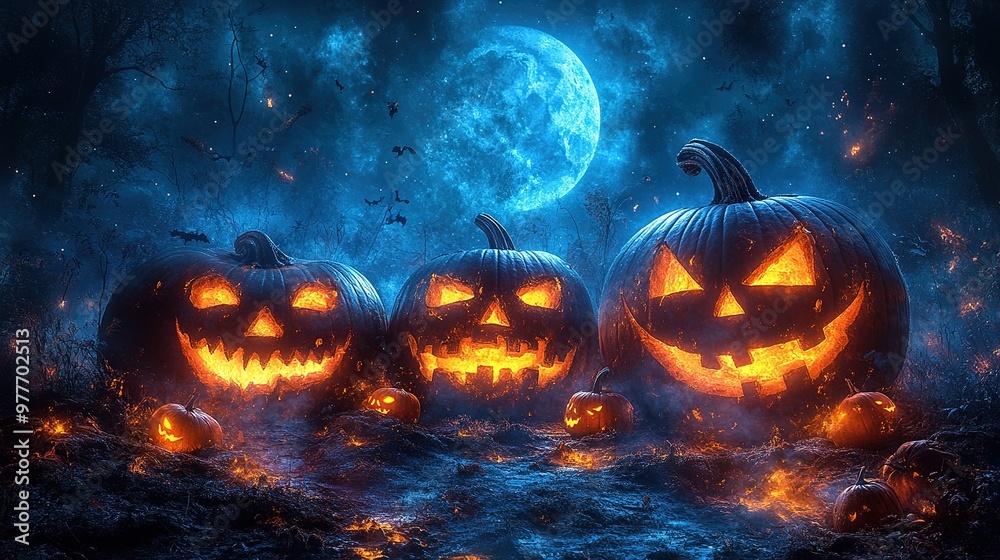 Halloween theme with pumpkins and dark forest. Scary Halloween design on table. Jack-o-lantern on the dark forest Halloween theme with pumpkins and dark forest. Scary Halloween design on table. Jack-o-lantern on the dark forest