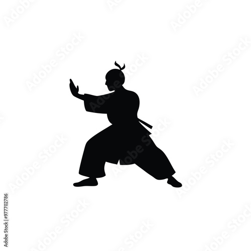 a Samurai, Aikido action pose, silhouette vector art, isolated white background 