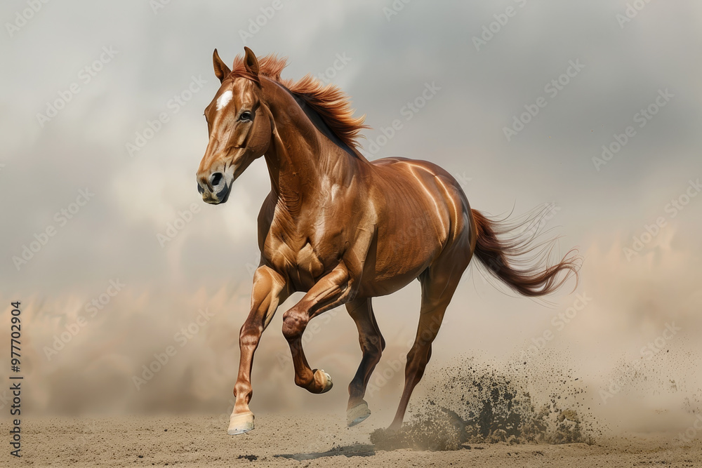 Obraz premium A brown horse is running through a sandy field