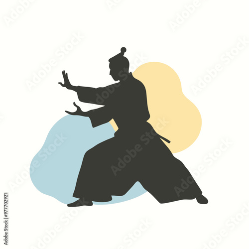 a Samurai, Aikido action pose, silhouette vector art, isolated white background