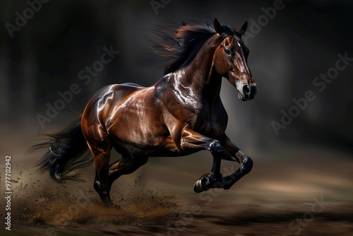 A brown horse is running through the dirt