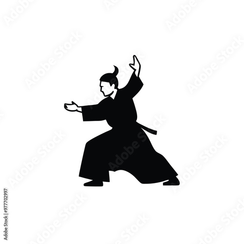 a Samurai, Aikido action pose, silhouette vector art, isolated white background