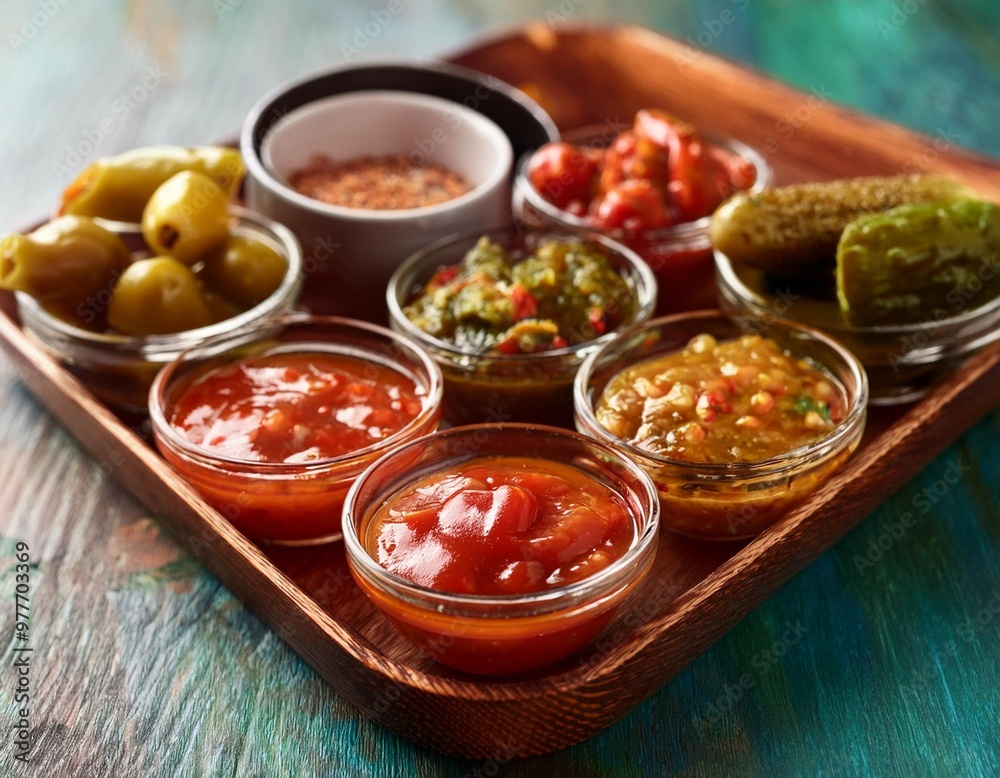 Exotic condiments with depth of field showcasing spicy salsas and tangy pickles Exotic condiments with depth of field showcasing spicy salsas and tangy pickles