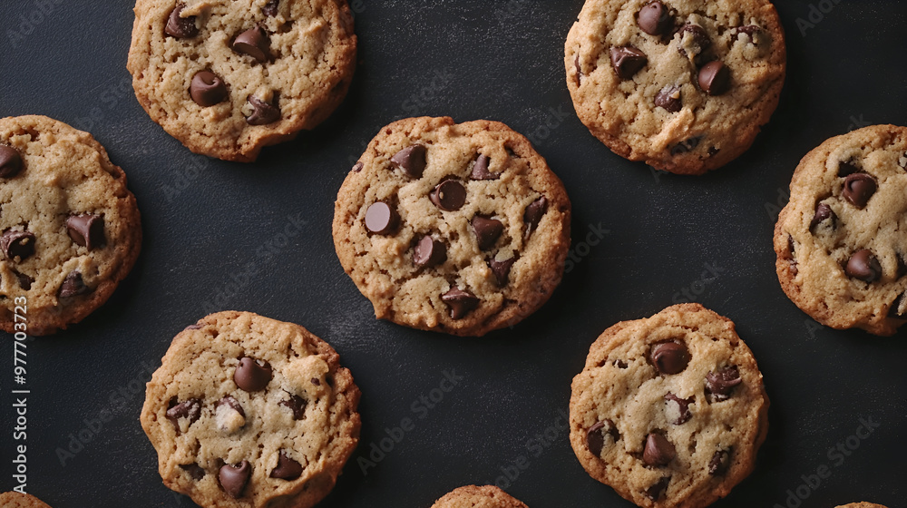 chip cookie pattern on black background. Lots of brown baked cookies, filled with chocolate. Table top view chip cookie pattern on black background. Lots of brown baked cookies, filled with chocolate. Table top view