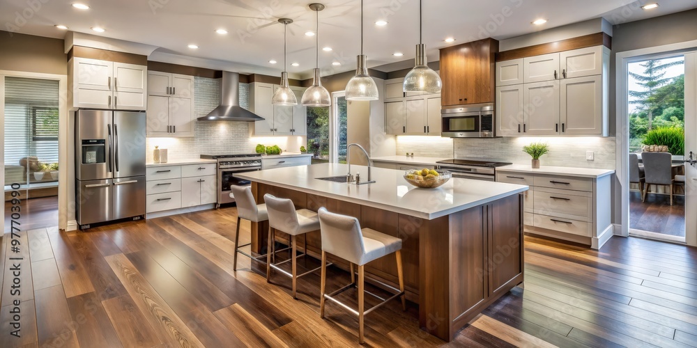 Modern kitchen with sleek design, open floor plan, island counter, pendant lights, stainless steel appliances, and hardwood floors Modern kitchen with sleek design, open floor plan, island counter, pendant lights, stainless steel appliances, and hardwood floors