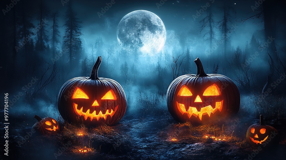 Halloween theme with pumpkins and dark forest. Scary Halloween design on table. Jack-o-lantern on the dark forest Halloween theme with pumpkins and dark forest. Scary Halloween design on table. Jack-o-lantern on the dark forest