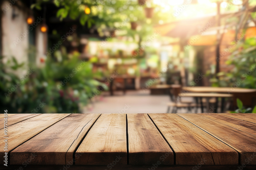 Empty wood table with blur interior outdoor space coffee restaurant or cafe for background Empty wood table with blur interior outdoor space coffee restaurant or cafe for background