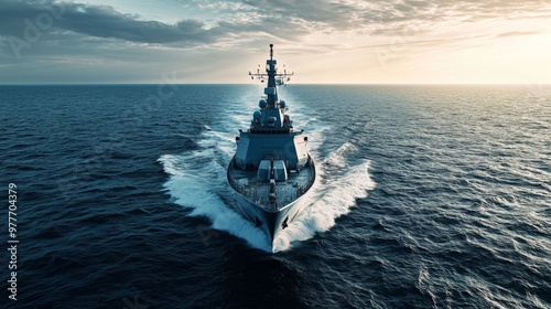 A high-resolution image of a large naval vessel patrolling the open sea, with a focus on the ship sleek design and the expansive ocean background.