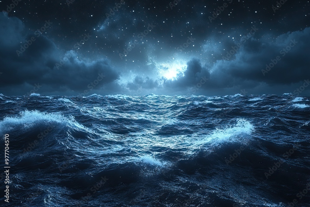 Obraz premium Dramatic photo of turbulent waves under stormy night sky.