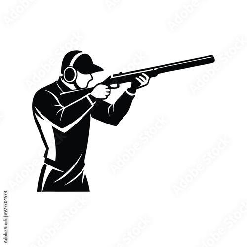 a Trap shooting, aiming athlete with gun, silhouette vector art, isolated white background
