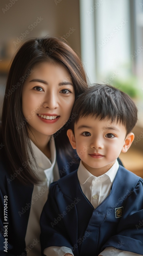 Asian little child sitting with his mother in a graduate-style preschool uniform Asian little child sitting with his mother in a graduate-style preschool uniform