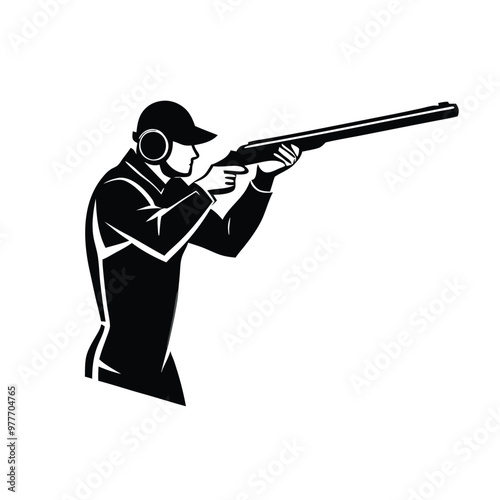 a Trap shooting, aiming athlete with gun, silhouette vector art, isolated white background