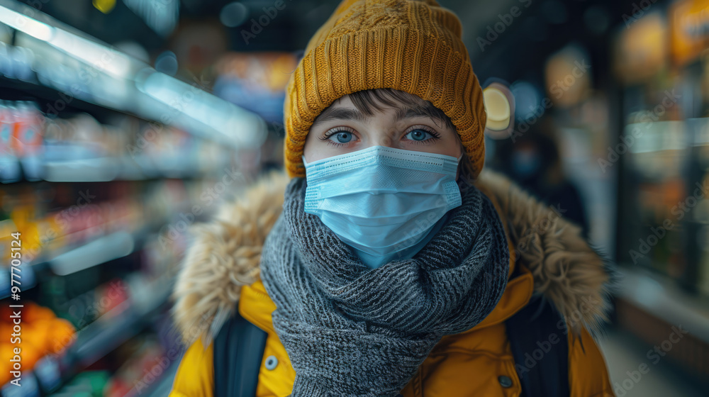 A person wearing a mask and gloves shopping in a grocery store, adhering to health guidelines A person wearing a mask and gloves shopping in a grocery store, adhering to health guidelines