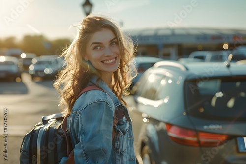 Young happy woman with suitcase going to airport terminal.