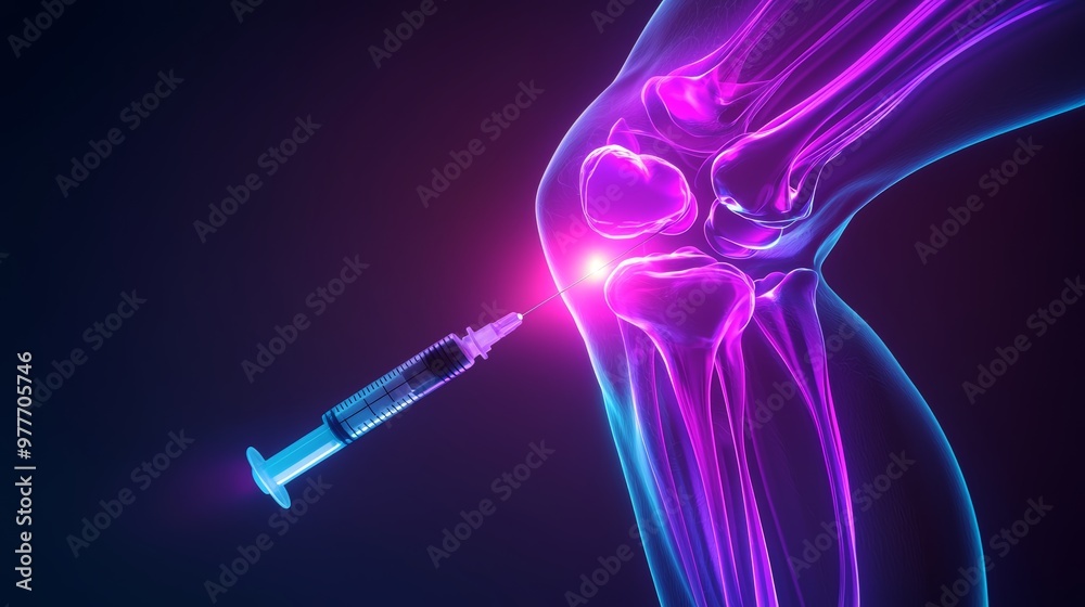 A syringe injecting a glowing liquid into a knee joint, with a visual effect showing the regeneration of cartilage and relief of pain in real-time