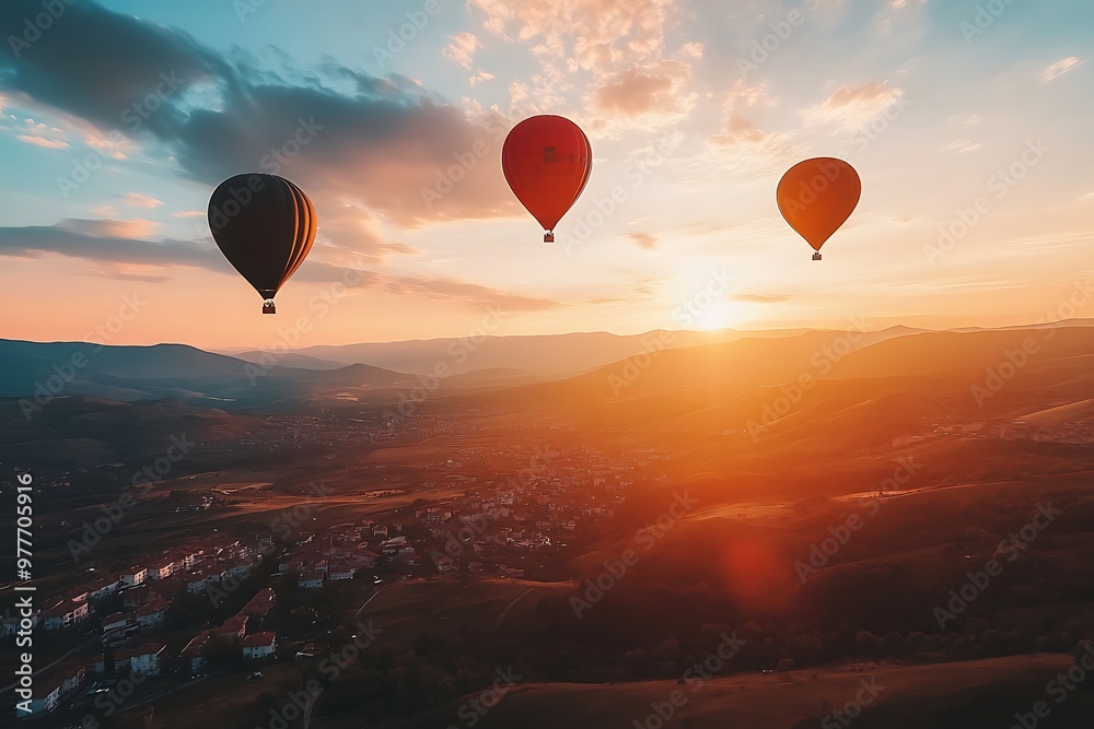 Three colorful hot air balloons flying in the sky at sunset Three colorful hot air balloons flying in the sky at sunset