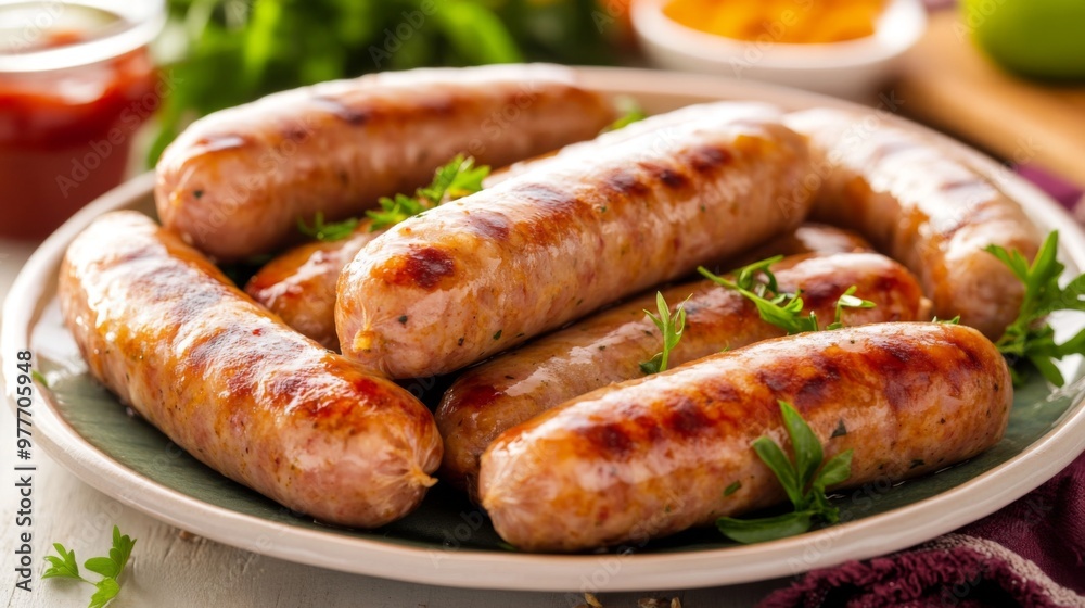 A high-resolution image of a plate of cooked sausages with a focus on their juicy, plump texture and a garnish of fresh herbs and condiments. A high-resolution image of a plate of cooked sausages with a focus on their juicy, plump texture and a garnish of fresh herbs and condiments.