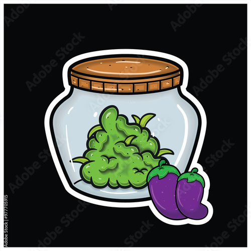 Eggplant  Fruit Flavor With Cartoon Mascot of Weed Bud On Jar. For Sticker and label.