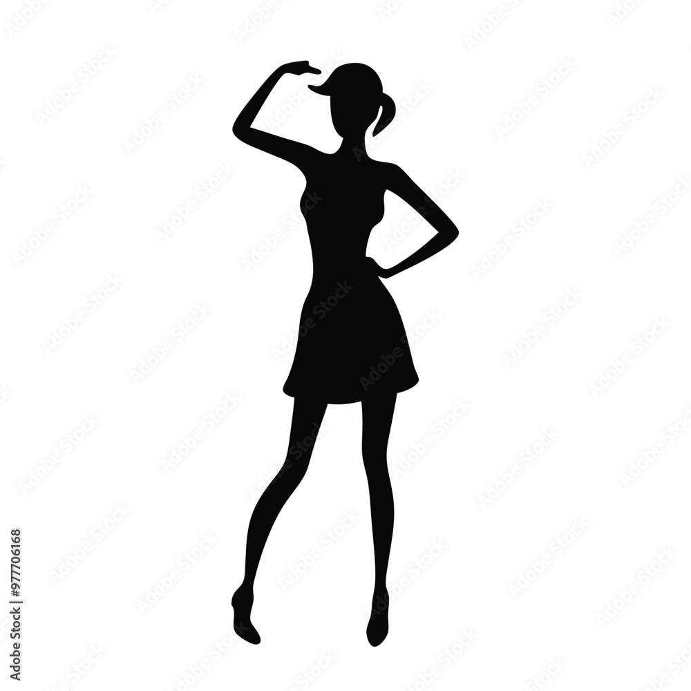 a Young lady standing stylish pose, silhouette vector art, isolated white background 
